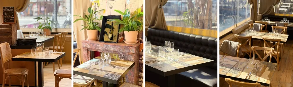 Quatre regards sur les tables, les plantes et les banquettes de Soleïann